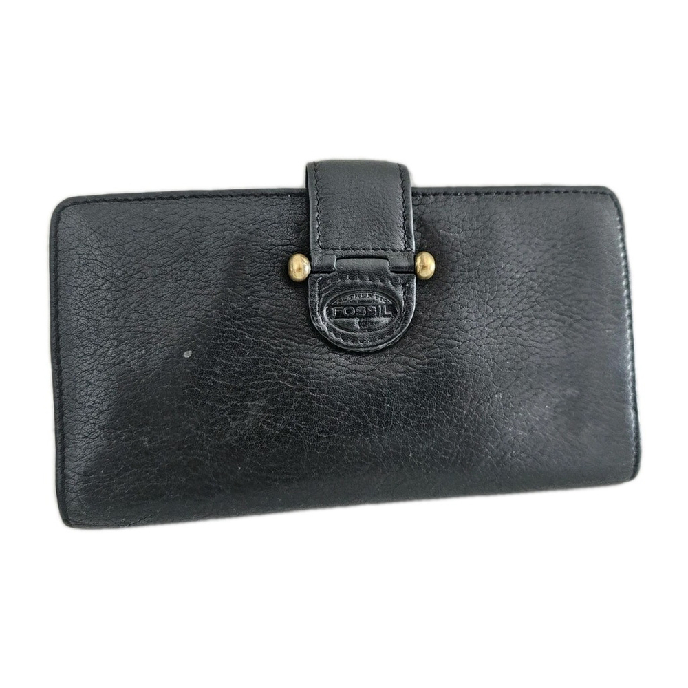 Vintage FOSSIL Black Leather Wallet Checkbook Credit Cards Change Compartment